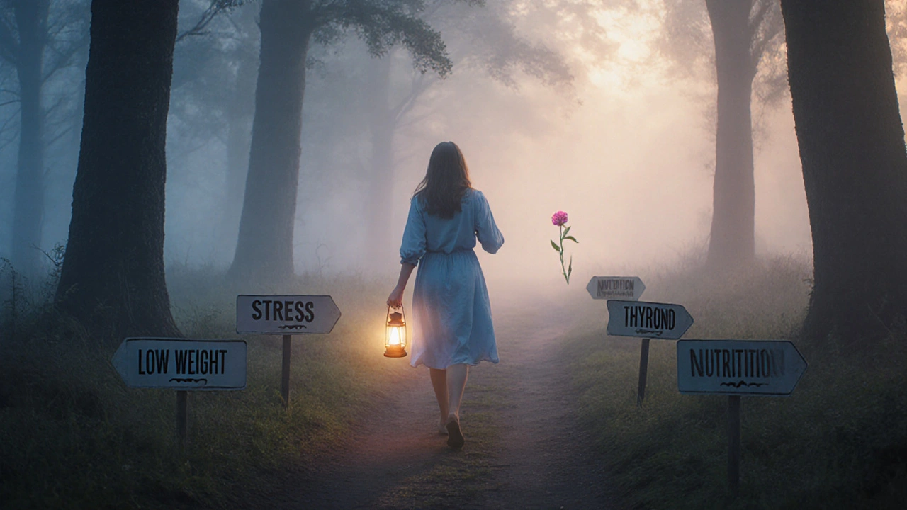 Žena kráčí lesem, kde znaky příčin nepravidelné menstruace postupně zmizí.