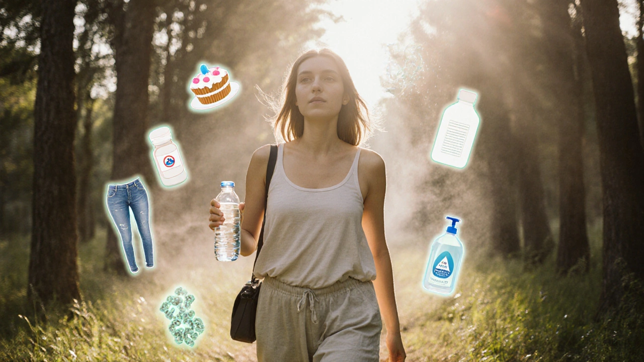 Žena kráčí lesem v volné oblečení, kolem ní průhledné symboly nežádoucích faktorů.