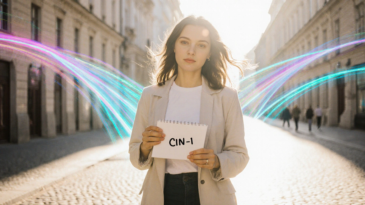 Žena kráčí ulicí v Brně, symbolizující včasnou diagnostiku a naději po kolposkopii.