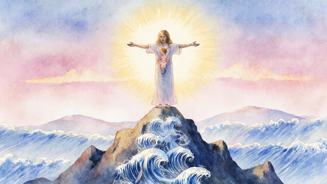 Žena na hoře, z níž vychází světlo jako novorozence, symbolizující přeměnu.