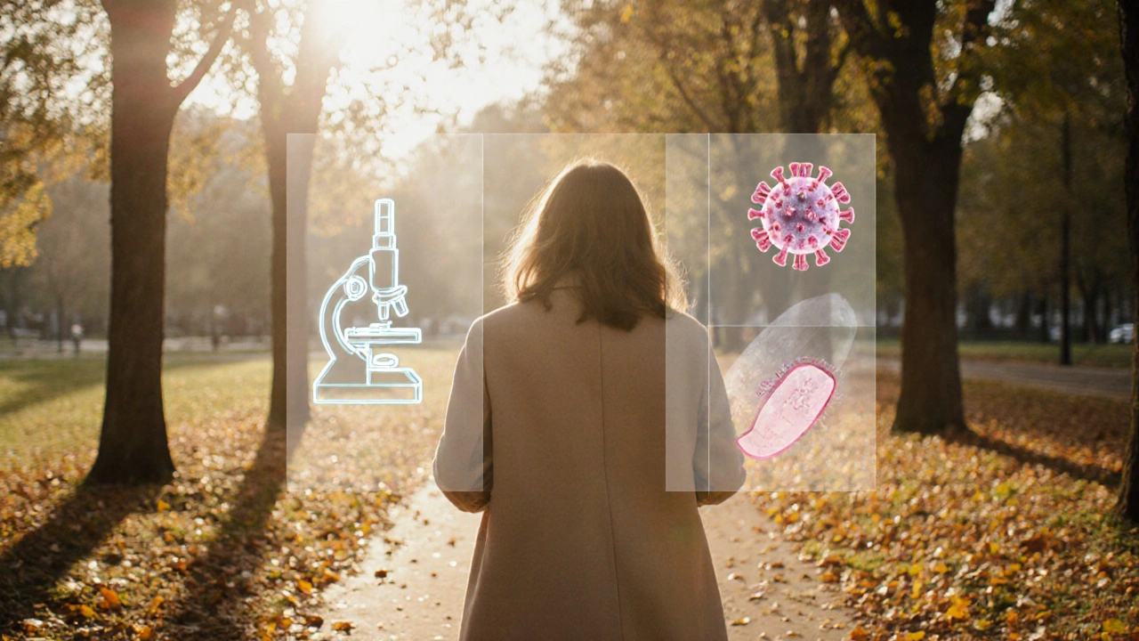 Žena prochází parkem v podzimním světle, přes ní se objevují lékařské symboly.