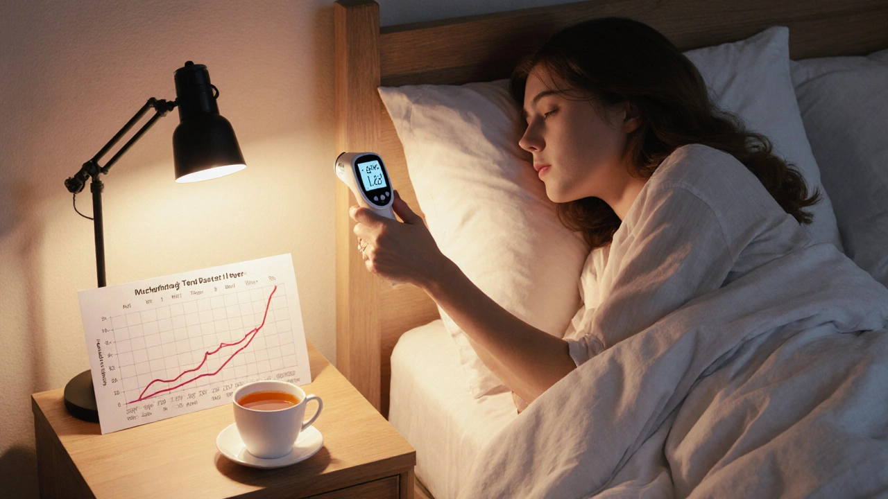 Žena ráno měří bazální teplotu v posteli, na nočním stolku je graf teploty.