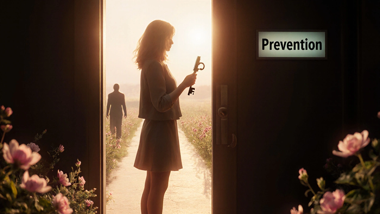 Žena s klíčem tvaru štětce stojí před dveřmi prevence, za ní tmavá postava nemoci.