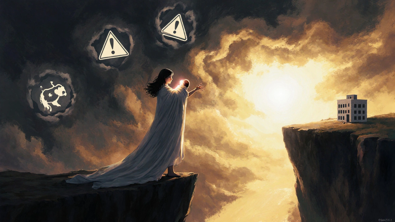 Žena stojí na skalním okraji, drží malé dítě a směřuje k zářícímu světlu, za ní se tvoří temné mraky.