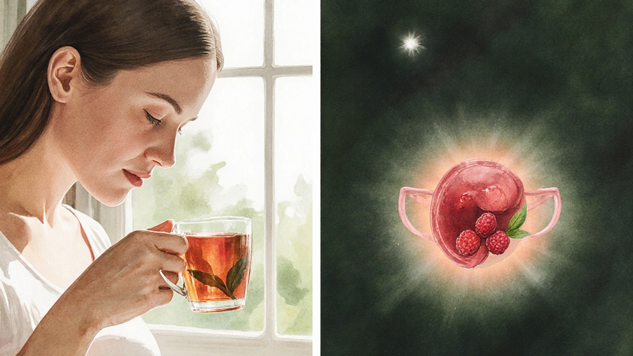 Žena v 38. týdnu těhotenství pije čaj z maliníku ráno a večer.