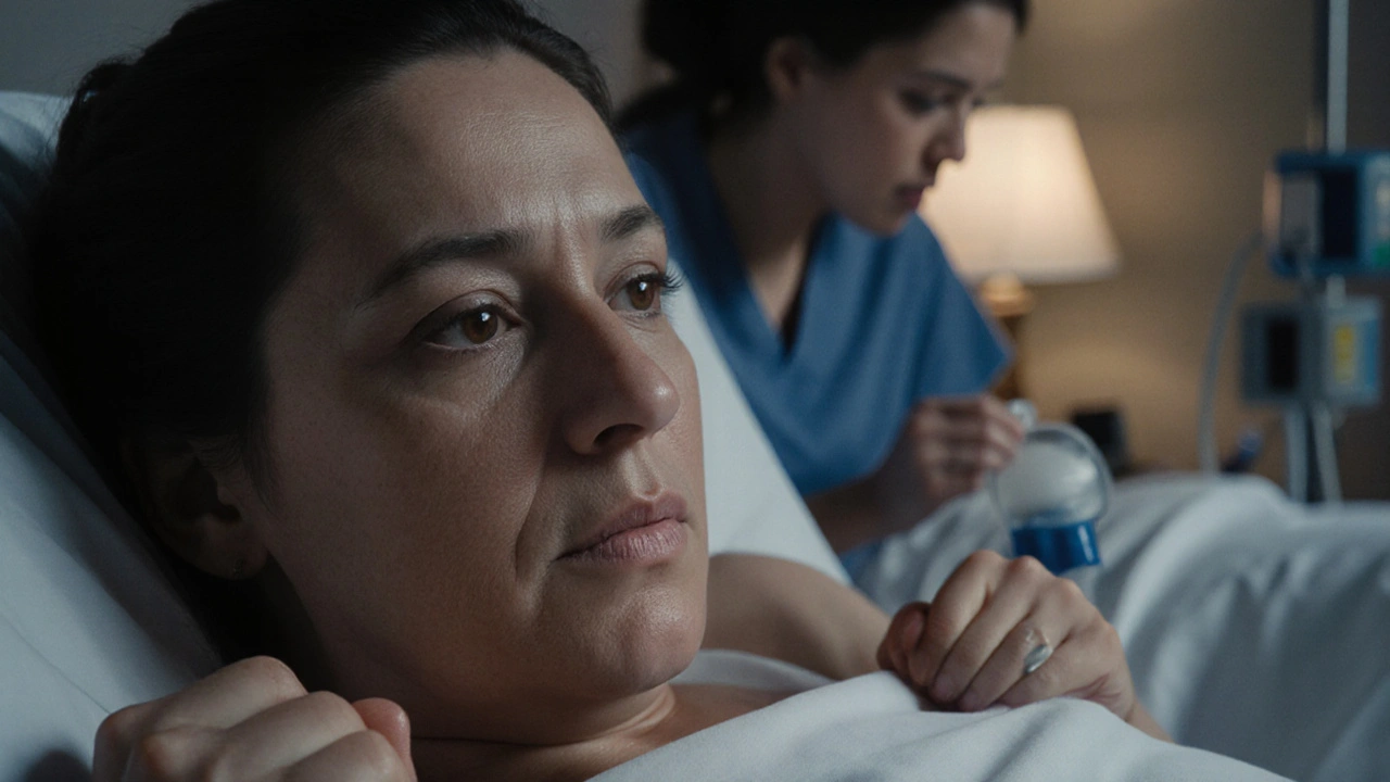 Žena v aktuální fázi porodu s potem na čele, oči zavřené, s epidurální pumpou na pozadí.