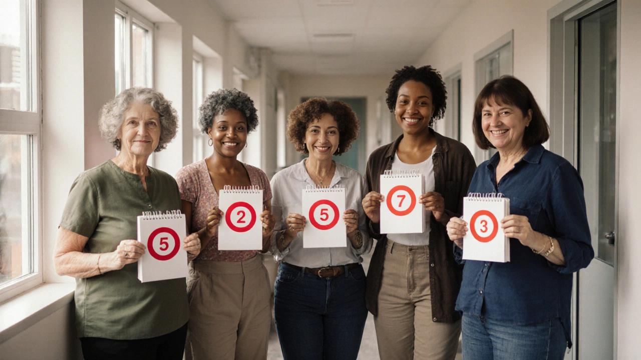 Ženy různých věků stojí spolu před gynekologickou klinikou, symbolizující pravidelnou péči.