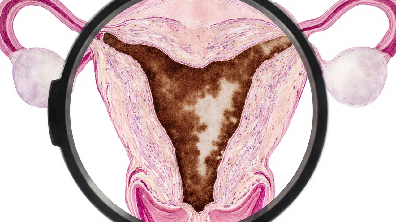 Zvětšený pohled na děložní čípek s viditelnými změnami po aplikaci kyseliny octové a jodu.