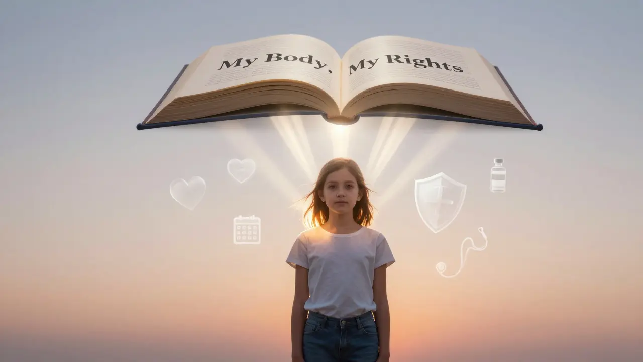 Dívka stojí pod knihou 'Moje tělo, moje práva' s symboly zdraví a ochrany.