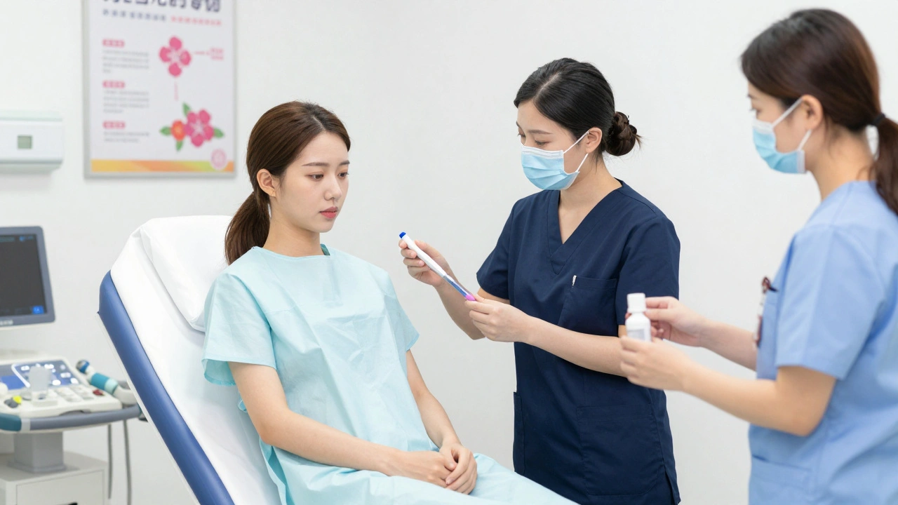 Gynekolog provádí Pap test, v pozadí je ultrazvukový přístroj a čisté vybavení.