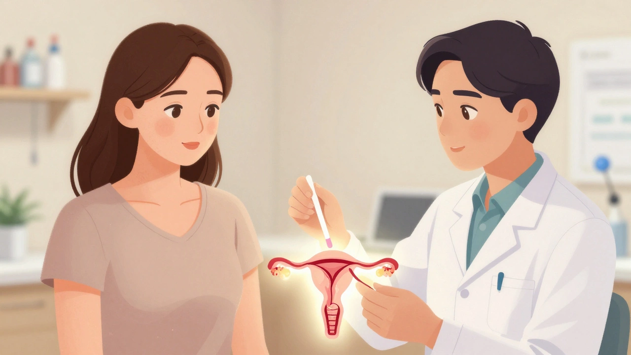 Gynekolog vyšetřuje pacientku v ordinaci, přičemž zbytečné zákroky v pozadí zmizí, zatímco zdravý stav těla zůstává viditelný.
