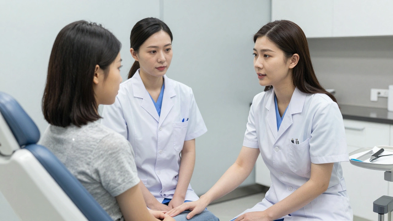 Gynekoložka vysvětluje vyšetření pacientce na gynekologické židli, v pozadí asistentka.