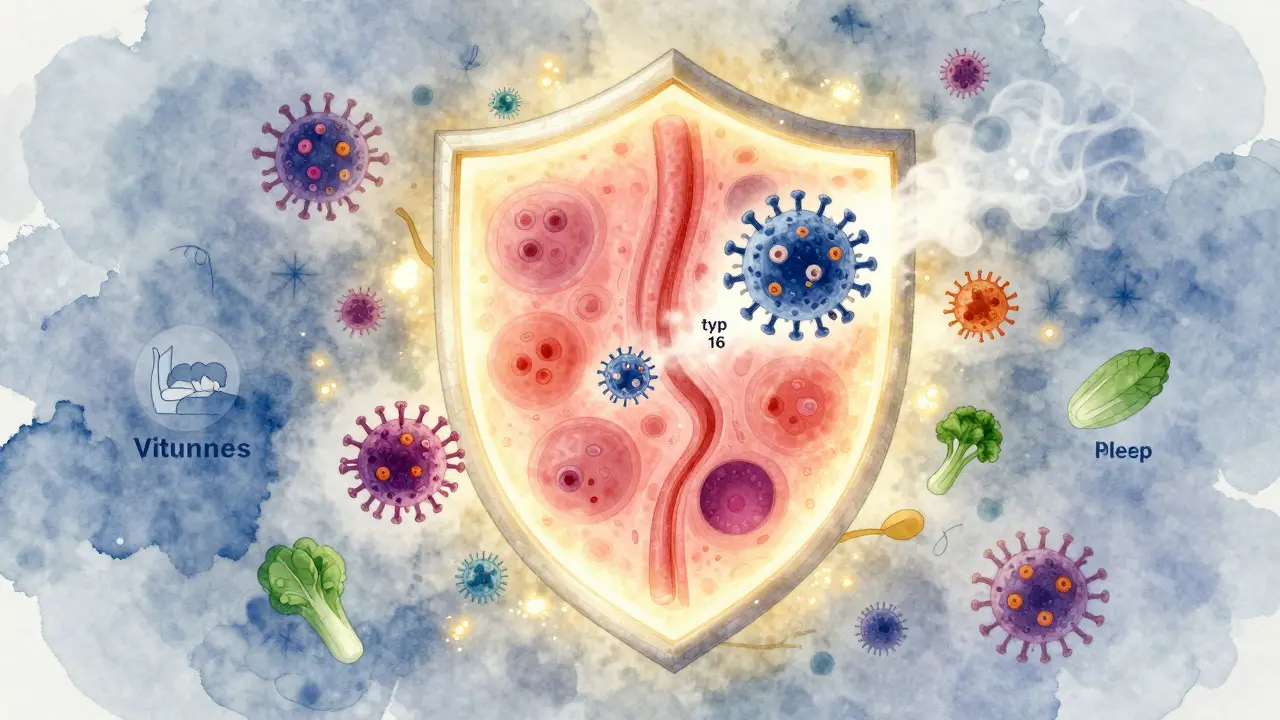 Ilustrace imunitního systému, který odstraňuje viry HPV pomocí vitamínů a zdravého životního stylu.