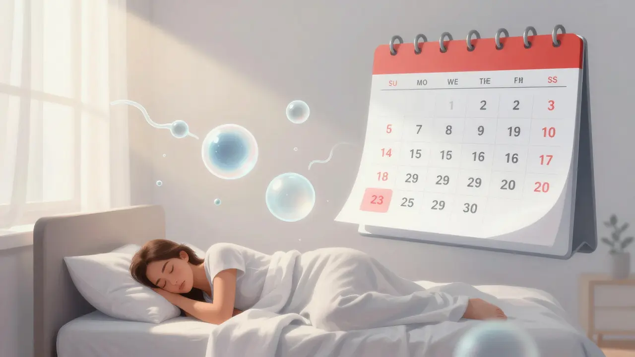 Kalendář s označenými šesti dny plodnosti nad klidnou ložnicí