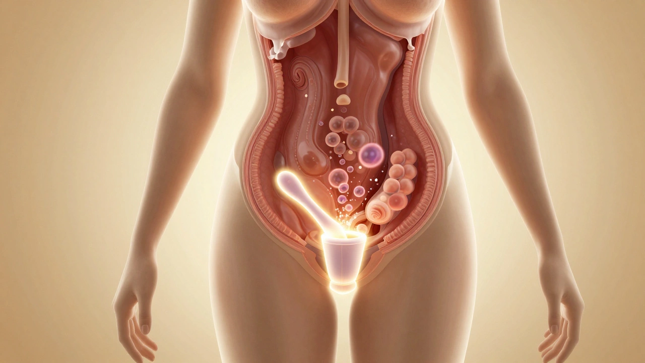 Koncepční obrázek ženské siluety s průhledným speculuem a zdravými vnitřními orgány