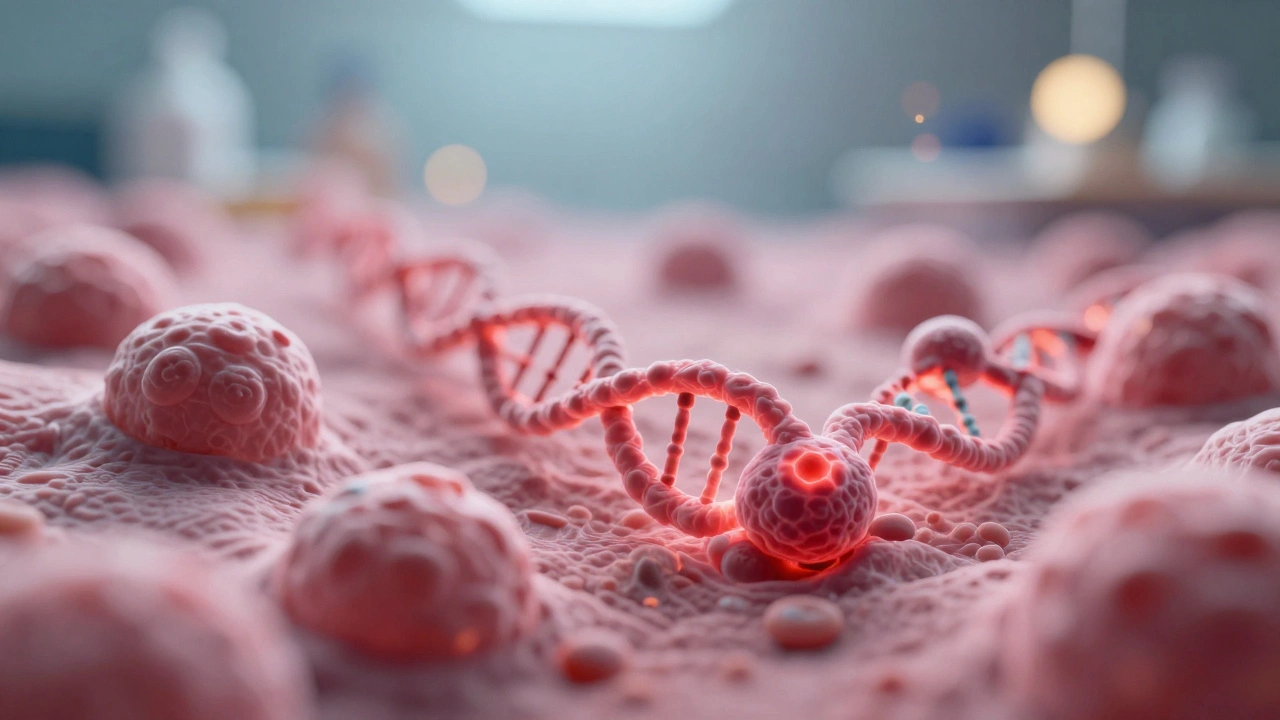 Mikroskopický pohled na buňky děložního čípku s přítomností HPV DNA.