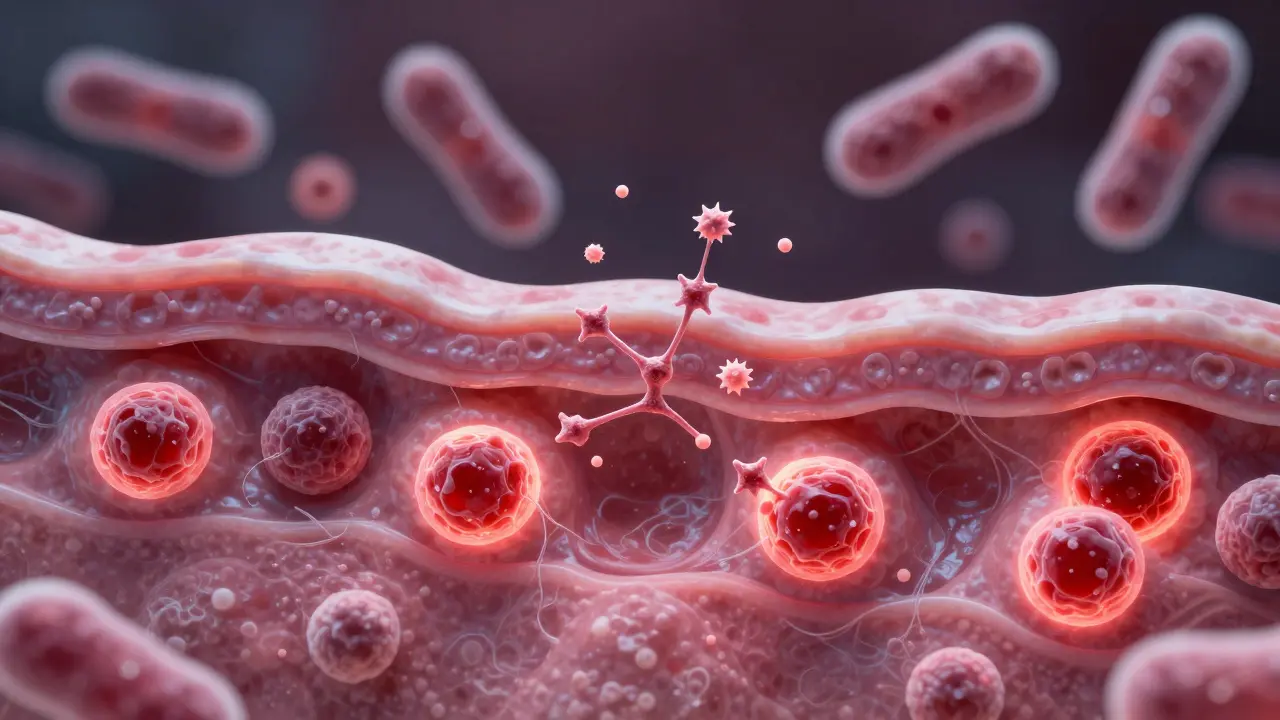 Mikroskopický pohled na plíseň Candida porušenou lékem Clotrimazol.