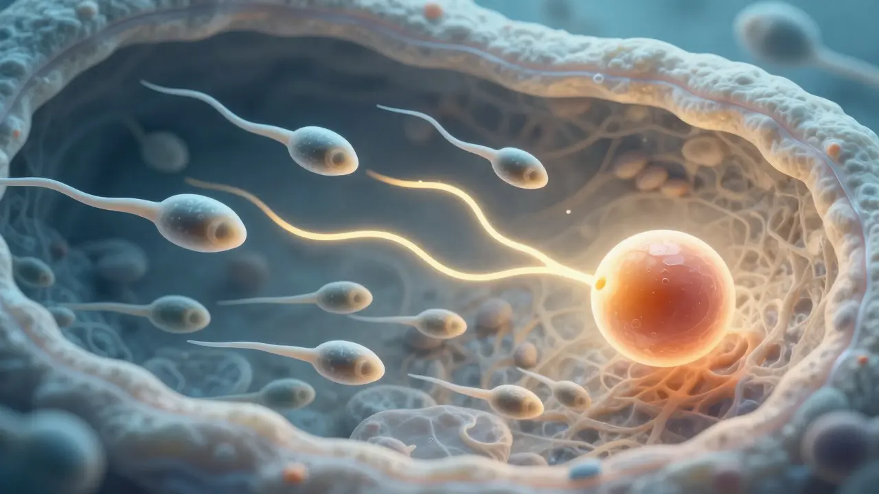 Mikroskopický pohled na spermie plující k vajíčku v příznivém prostředí pochvy.