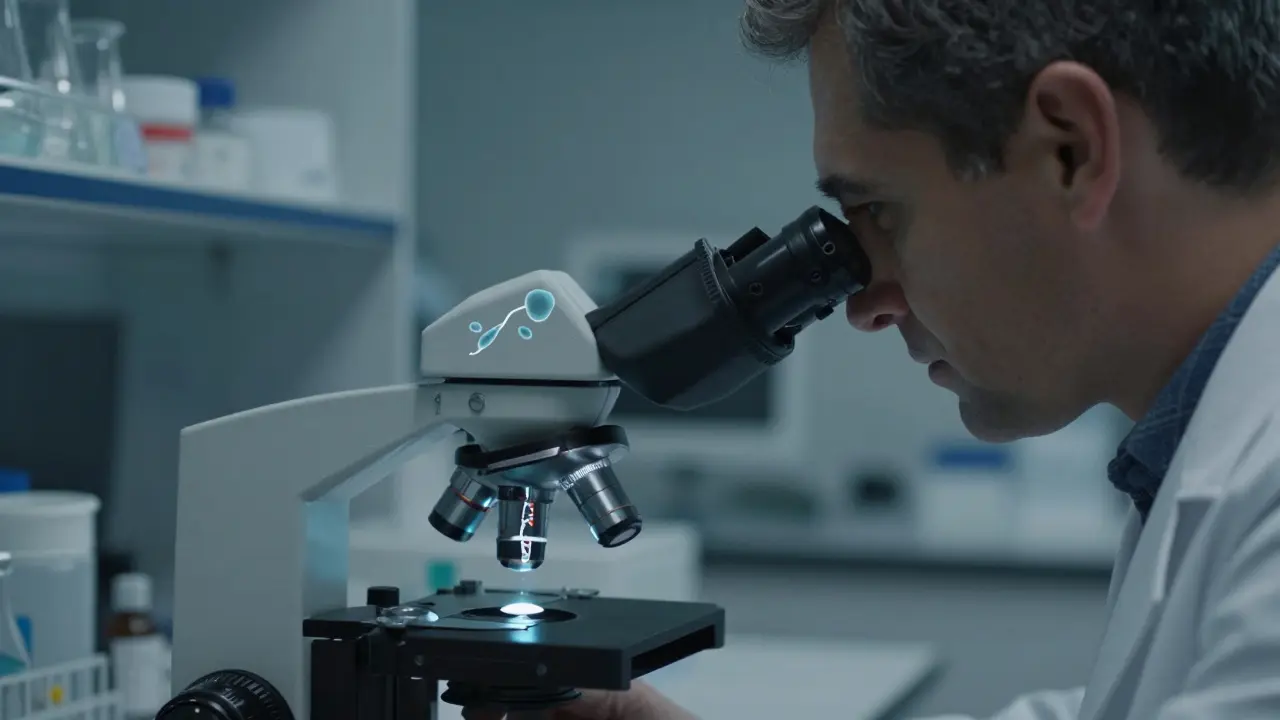 Muž v 40 letech sleduje poškozené spermie pod mikroskopem.