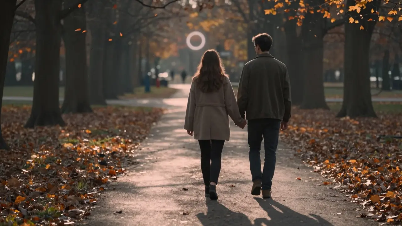 Pár prochází listnatým parkem v podzimu, jejich stíny se spojují, symbolicky označené ovulační okno v dálce.