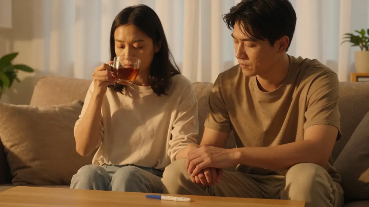 Pár spolu klidně sedí ve večerním světle, sdílejí tichý okamžik bez tlaku.