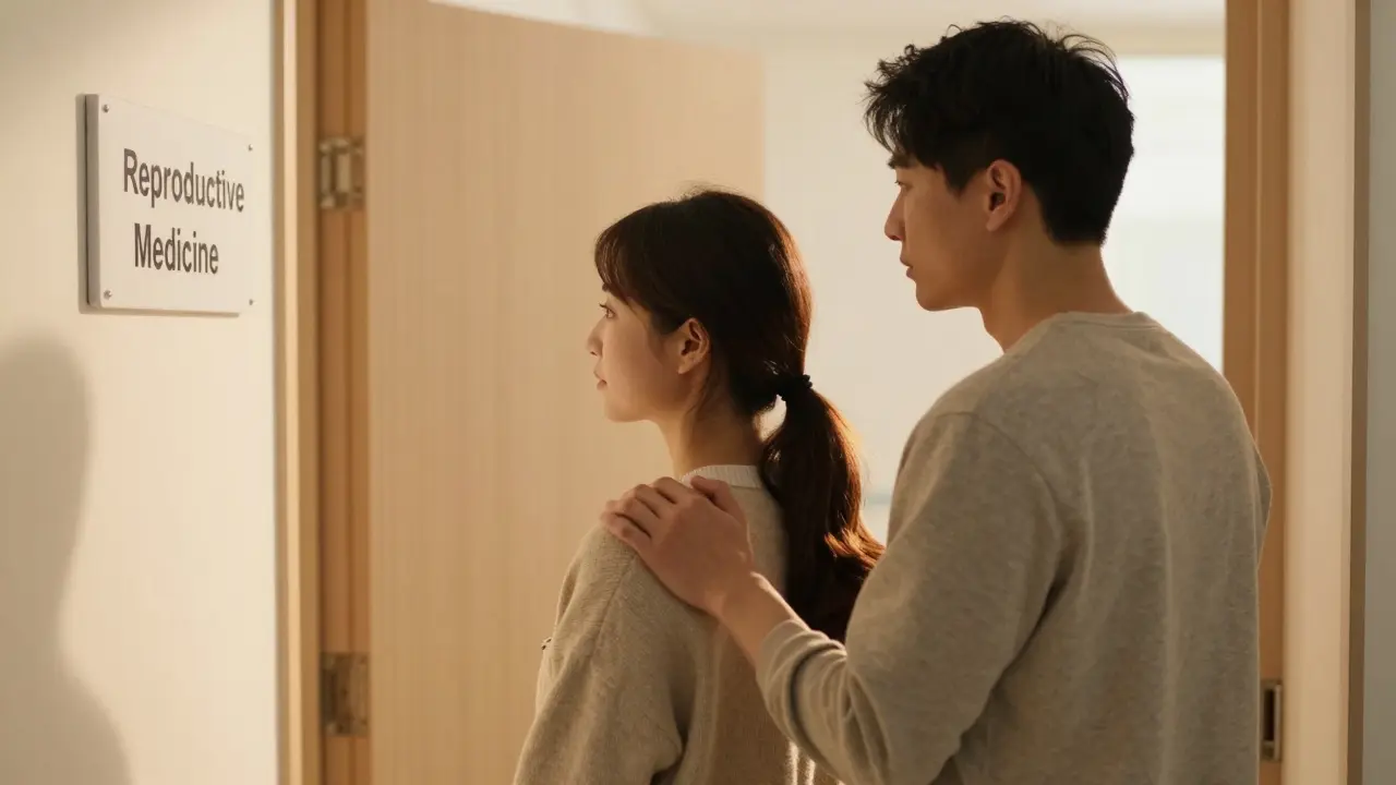 Pár stojí v chodbě kliniky, muž klade ruku na rameno partnerky, světlo z okna osvětluje jejich tváře.