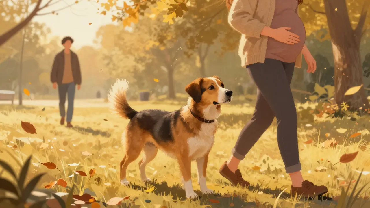 Pes chrání těhotnou ženu při procházce v parku, zatímco se k ní blíží cizí člověk.