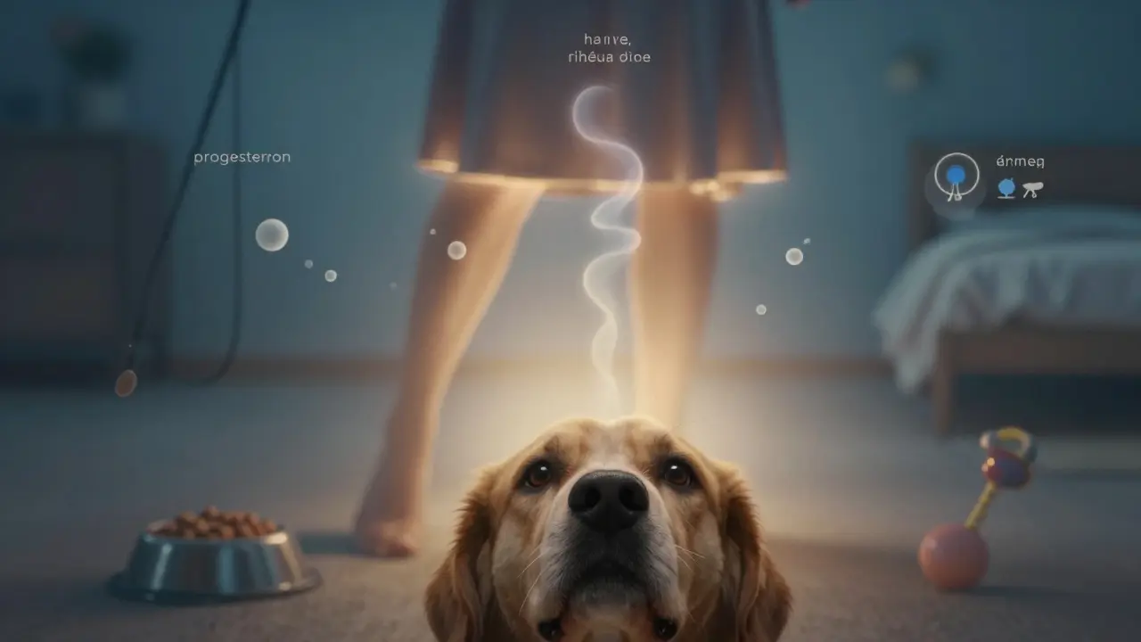 Pohled psa na změny v těle těhotné ženy, znázorněné jako pachové molekuly a nové rutiny.