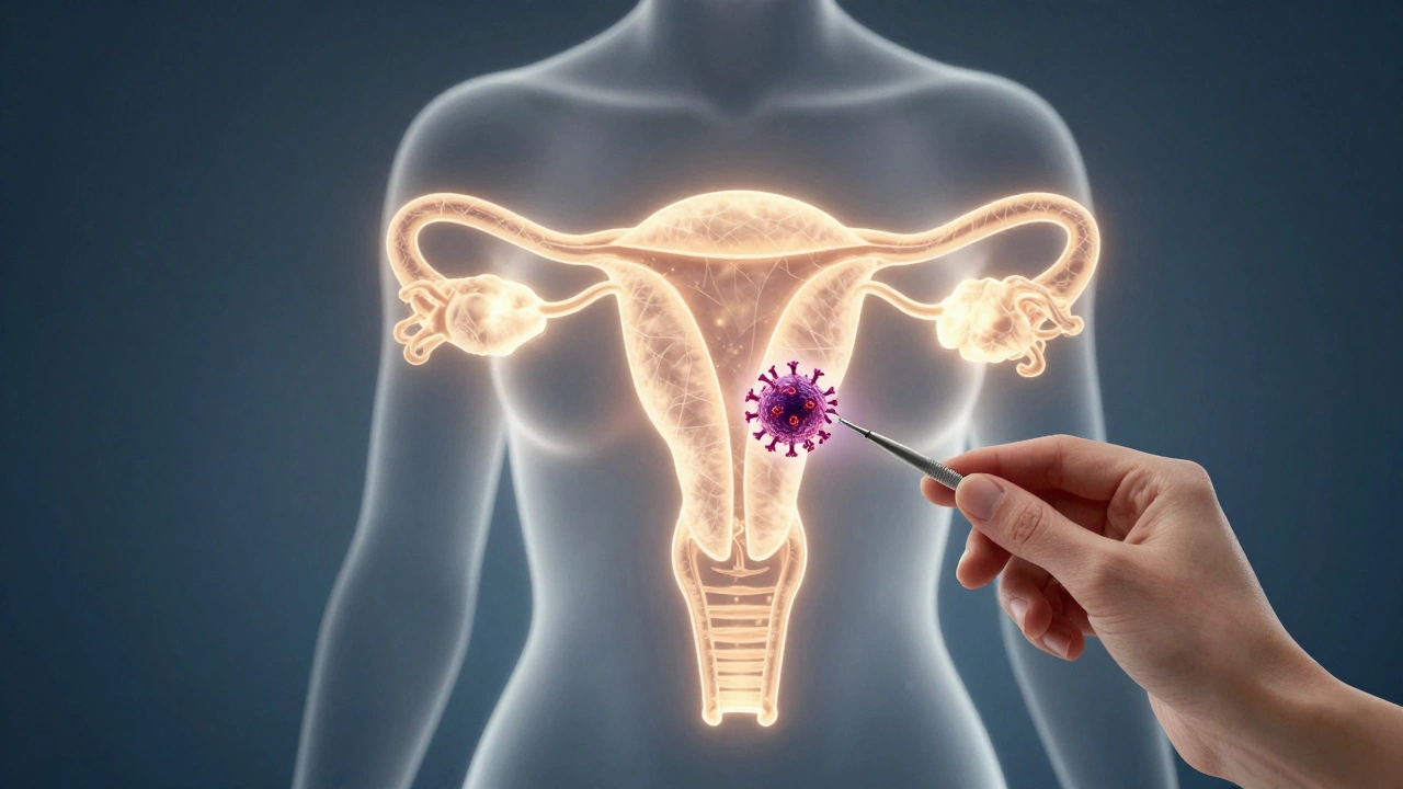 Průhledná ženská silueta s osvětlenými cestami v děloze, kde je virus HPV neutralizován.