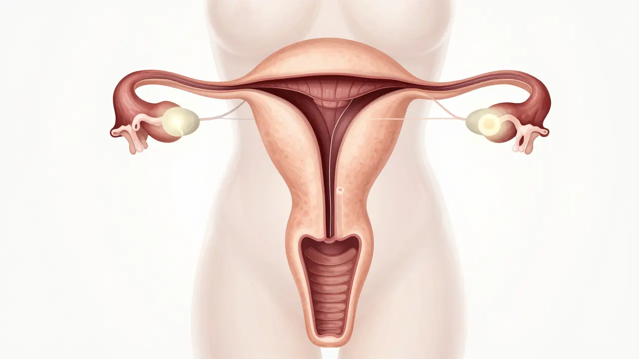 Průhledný náčrt ženského reprodukčního systému s vyznačenými změnami a infekcemi.