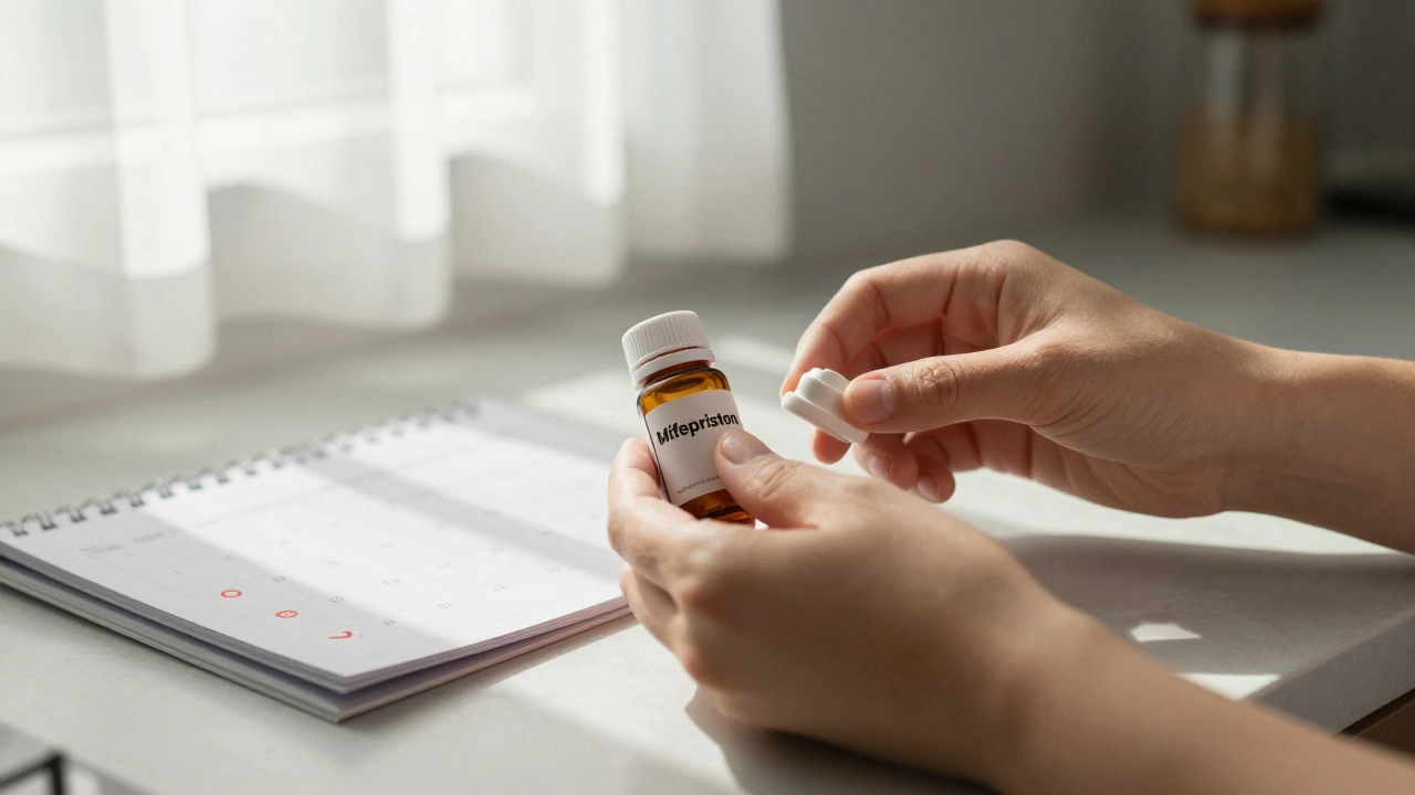 Ruce drží lék na přerušení těhotenství na kuchyňském stole s kalendarom.