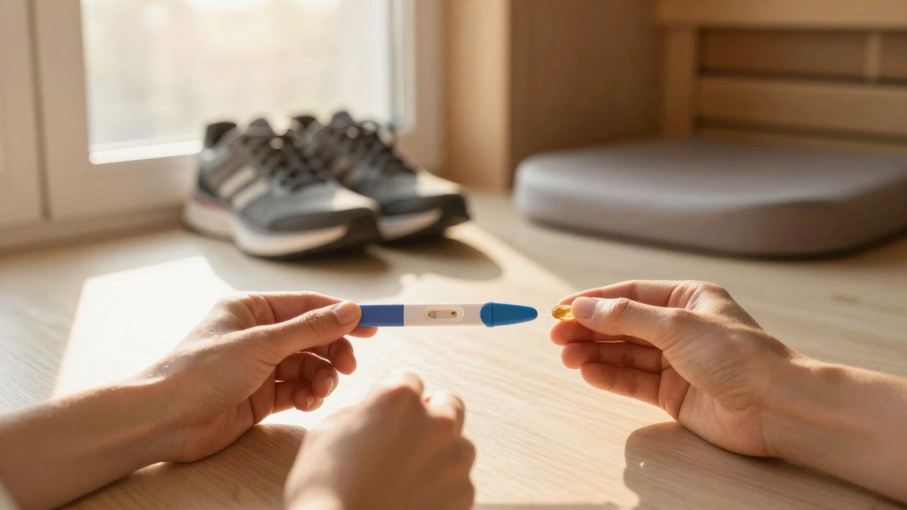 Ruce drží výsledek spermiogramu a vitamin na okně, za nimi symboly zdravého životního stylu.