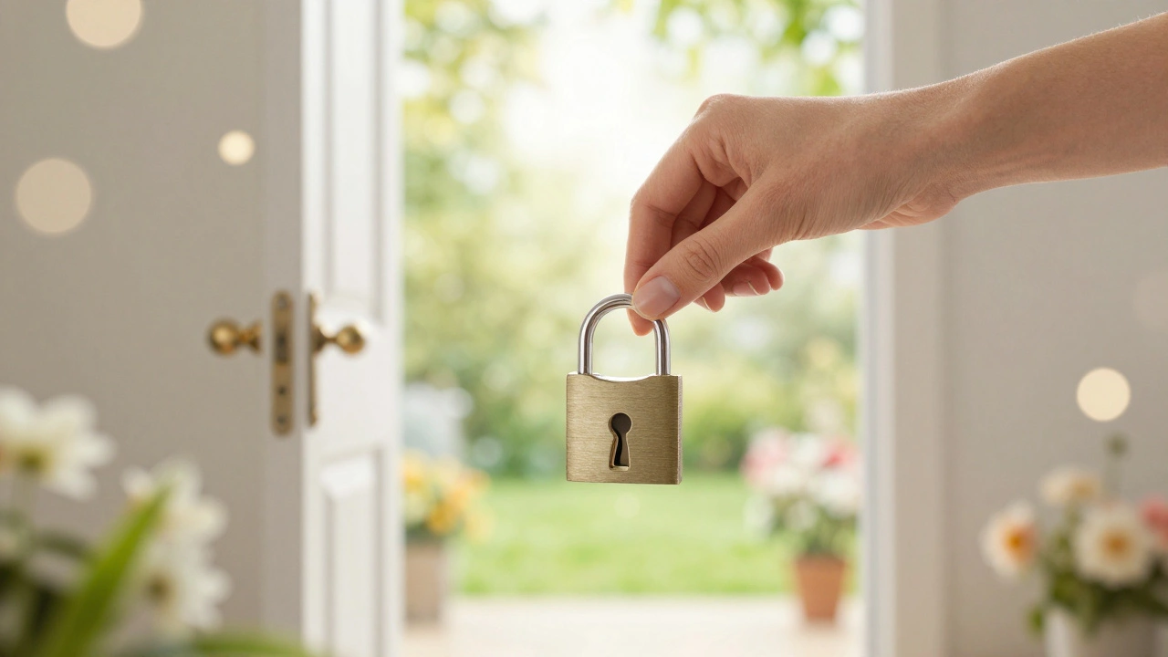 Ruka ženy vkládá klíč do zámku tvaru dělohy, za dveřmi je světlá zahrada.