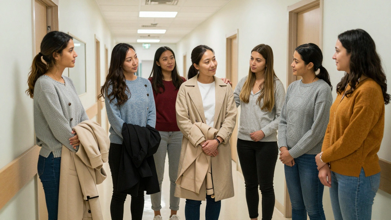 Skupina žen stojí v klidném chodbě kliniky, jedna podává druhé podporu.