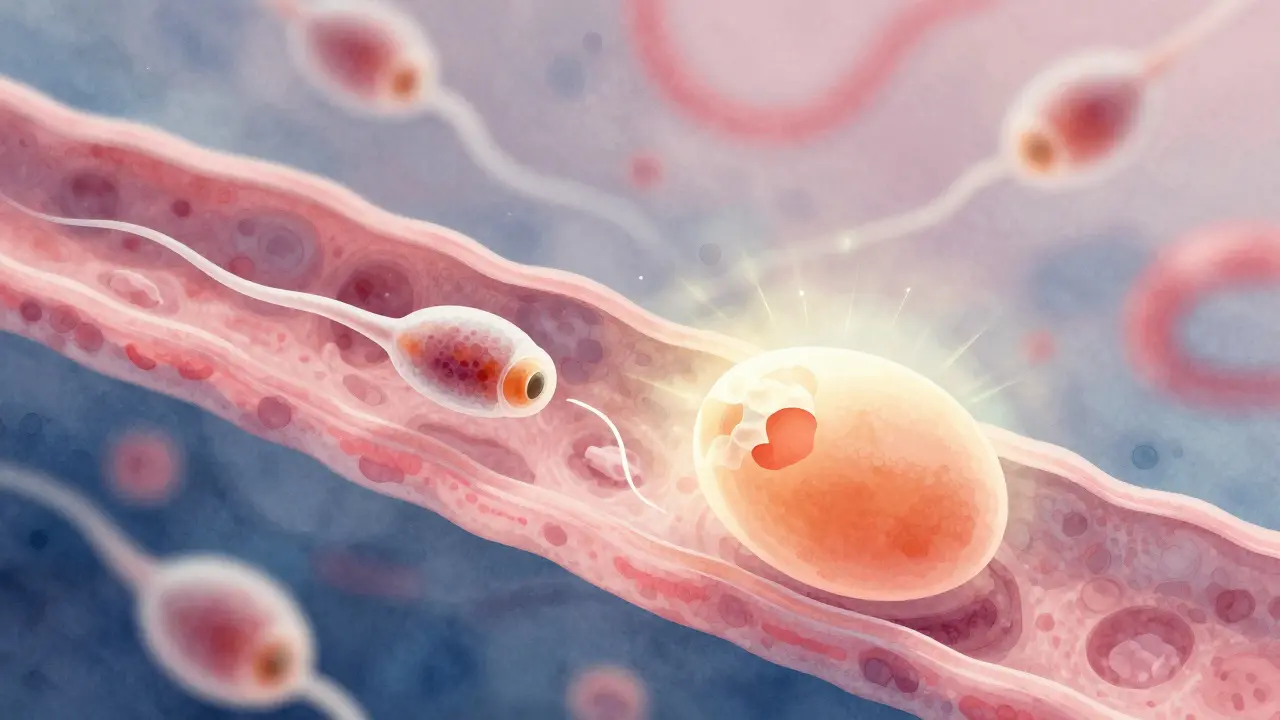 Spermie pronikající do vajíčka v vaječkovodu, s uzavírající se membránou