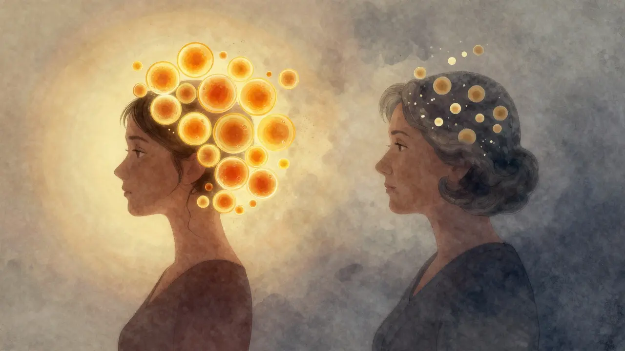 Symbolická ilustrace ženy ve 20 a 40 letech s rozdílným počtem vajíček.