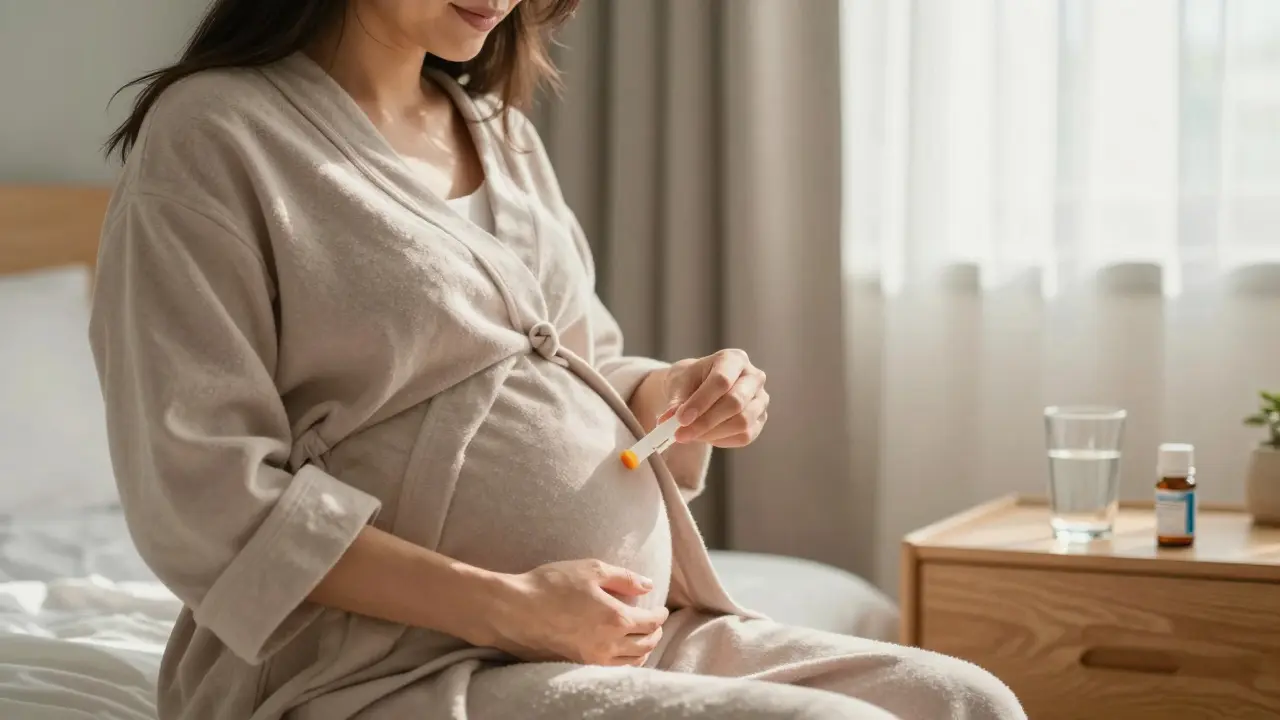 Těhotná žena bezpečně aplikuje lék do pochvy ve světlé ložnici.