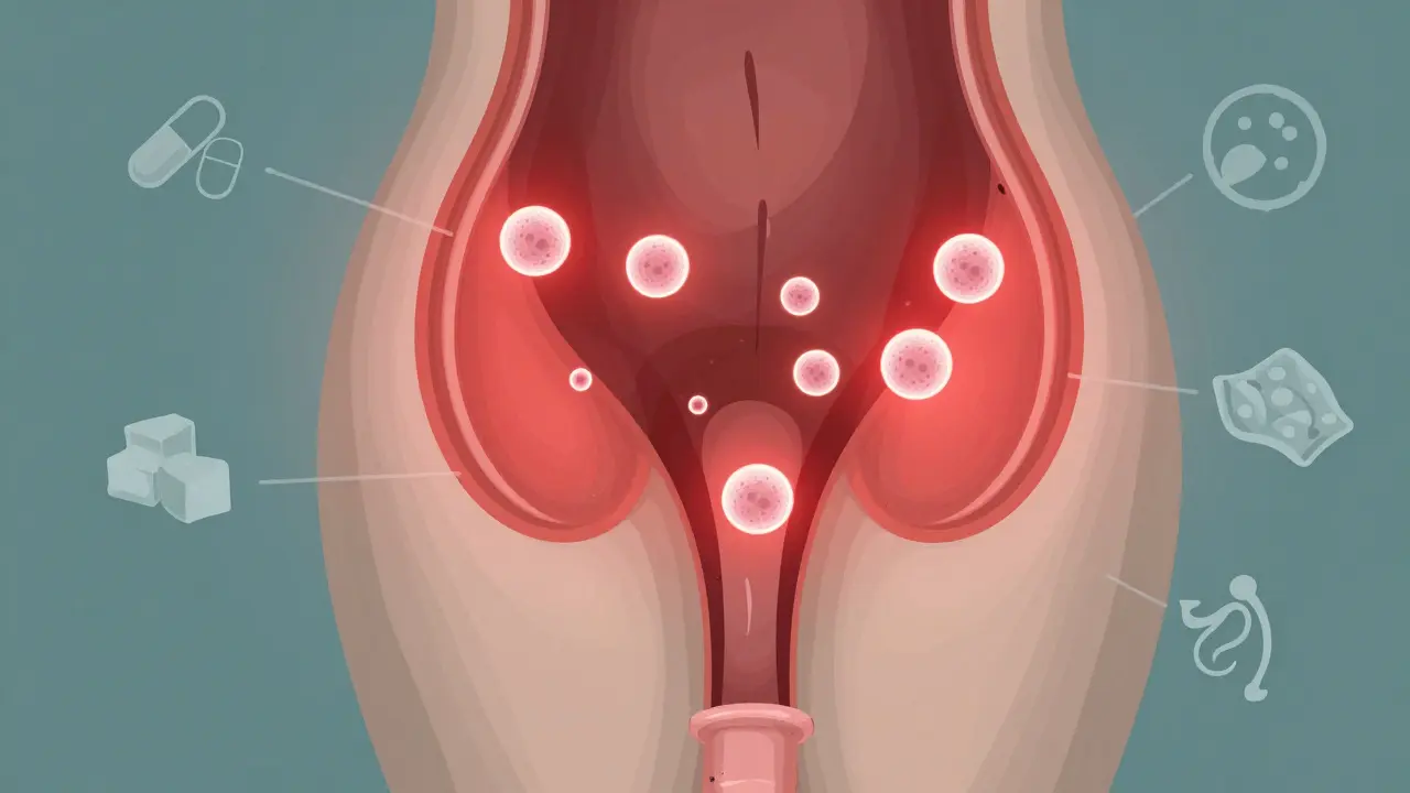 Vnitřní anatomie pochvy s červeným zánětem a bílými kvasinkami, symboly příčin kolem.