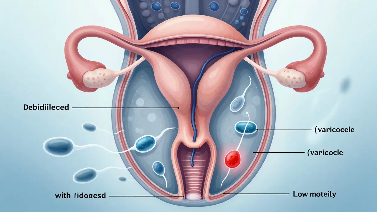 Vnitřní stavba mužského reprodukčního systému s varikokélními žilami a nezdravými spermie.