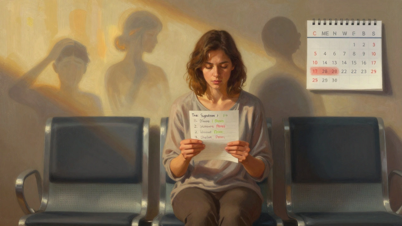 Žena drží seznam příznaků v čekárně, zatímco její úzkosti a mýtus se rozplynou, zatímco je obklopena klidným světlem.