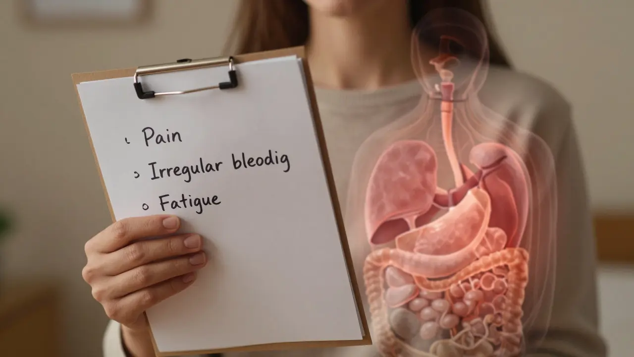 Žena drží seznam příznaků, zatímco její vnitřní orgány zůstávají viditelné jako tajemné stíny.