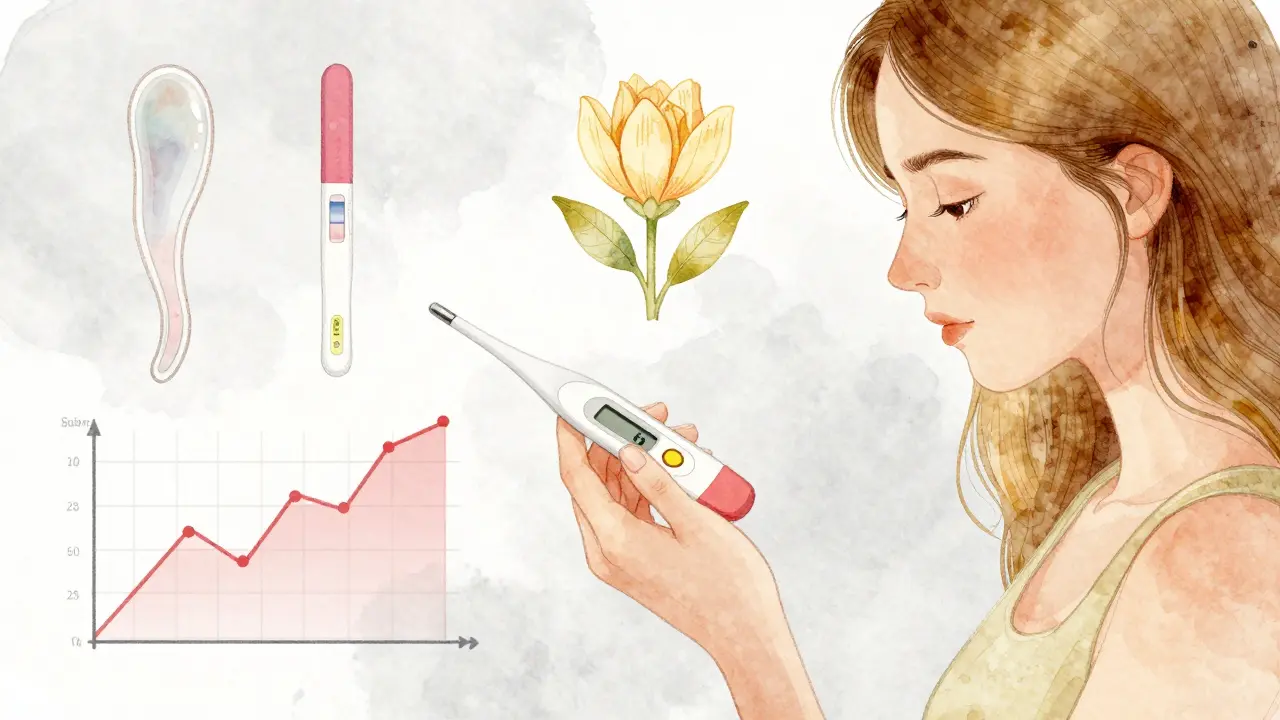 Žena měří teplotu těla, kolem ní jsou vizuální znaky ovulace: hlen, testy a graf.