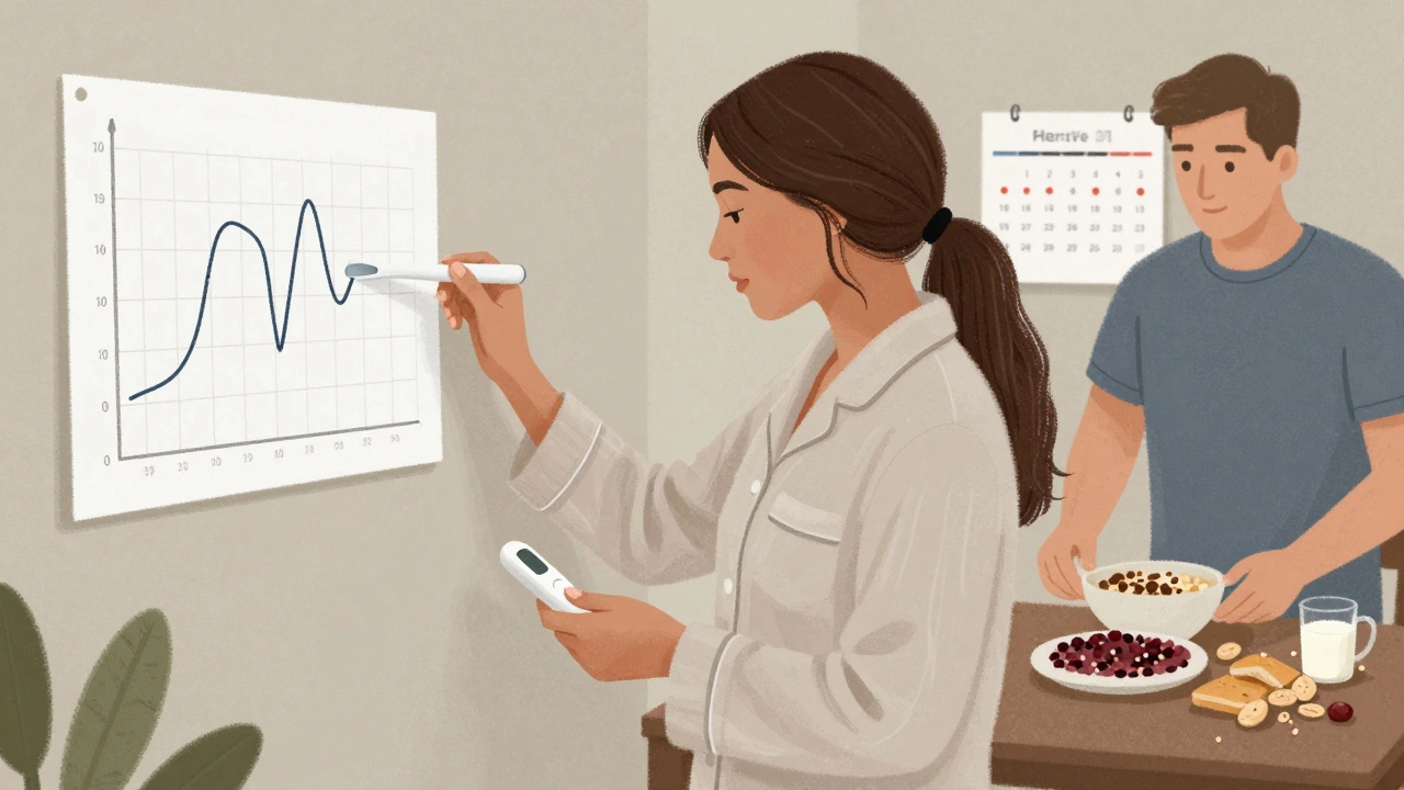 Žena měří teplotu těla ráno, na stěně je graf ukazující ovulaci, muž připravuje zdravý snídaně.