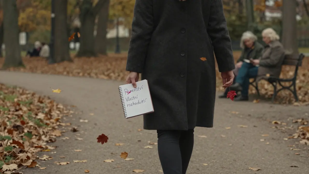 Žena prochází parkem, drží poznámku s přepsaným slovem 'panenství'.