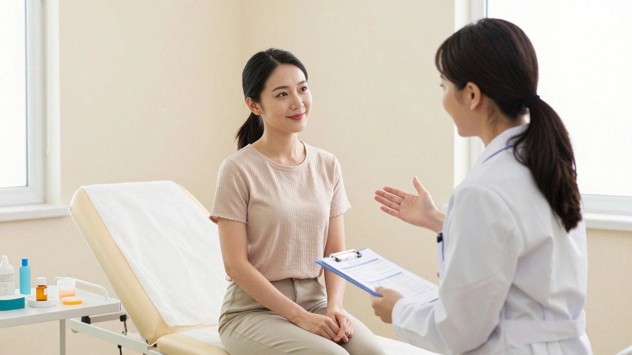 Žena s gynekologem v ordinaci, klidná a spokojená atmosféra.