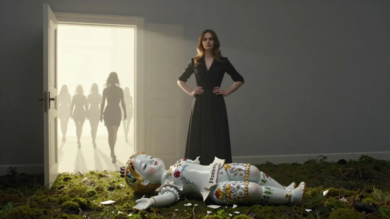 Žena stojí vedle rozbité panenky, za ní otevřená brána do světla.