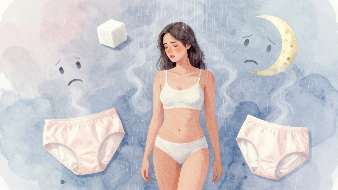 Žena v bavlněném spodním prádle s symboly stresu, cukru a syntetického oblečení.
