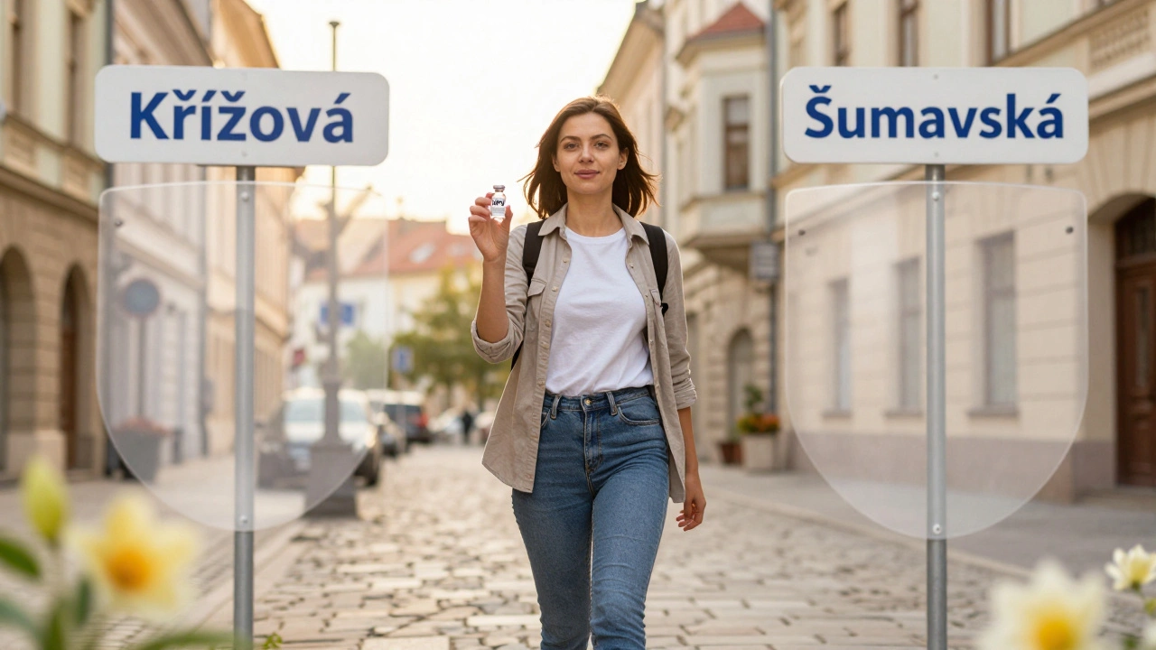 Žena v Brně drží vakcínu proti HPV, za ní jsou vidět známé gynekologické kliniky.