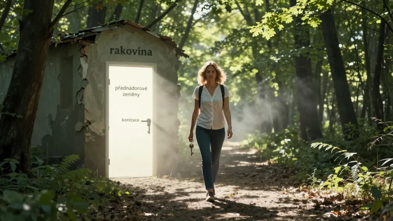 Žena v lese otevírá dveře s klíčem, který blokuje vývoj rakoviny děložního čípku.