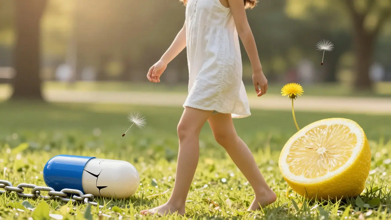 Žena v přírodě symbolizující uzdravení a prevenci vaginální mykózy.